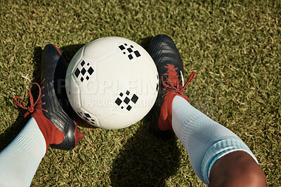 Soccer ball, grass field and shoes, soccer player and sport, athlete feet and fitness, sports game and training closeup. Soccer, ball and exercise, soccer field and outdoor, green and competitive.