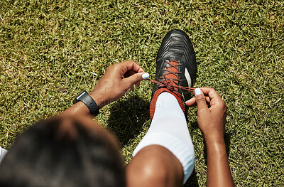 Buy stock photo Shoes tie, sports and soccer black woman athlete on green grass ready for exercise and training. Fitness, workout and game of a healthy person player before football cardio in nature and summer