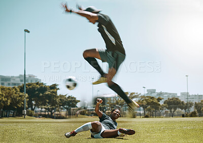 Buy stock photo Football player, soccer ball and field sport for fitness training, workout and game for sports competition. Athlete woman and man jump to kick ball for tackle, exercise and cardio health on grass