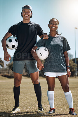 Friends, soccer and fitness, soccer field and soccer player together for workout and sport training outdoor portrait. Black woman, Mexican man and soccer ball, sports motivation and team in game.