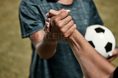 Buy stock photo Soccer, football and team handshake on field before start of match, game or competition. Teamwork, collaboration and soccer players shaking hands before exercise, workout or training on grass field.