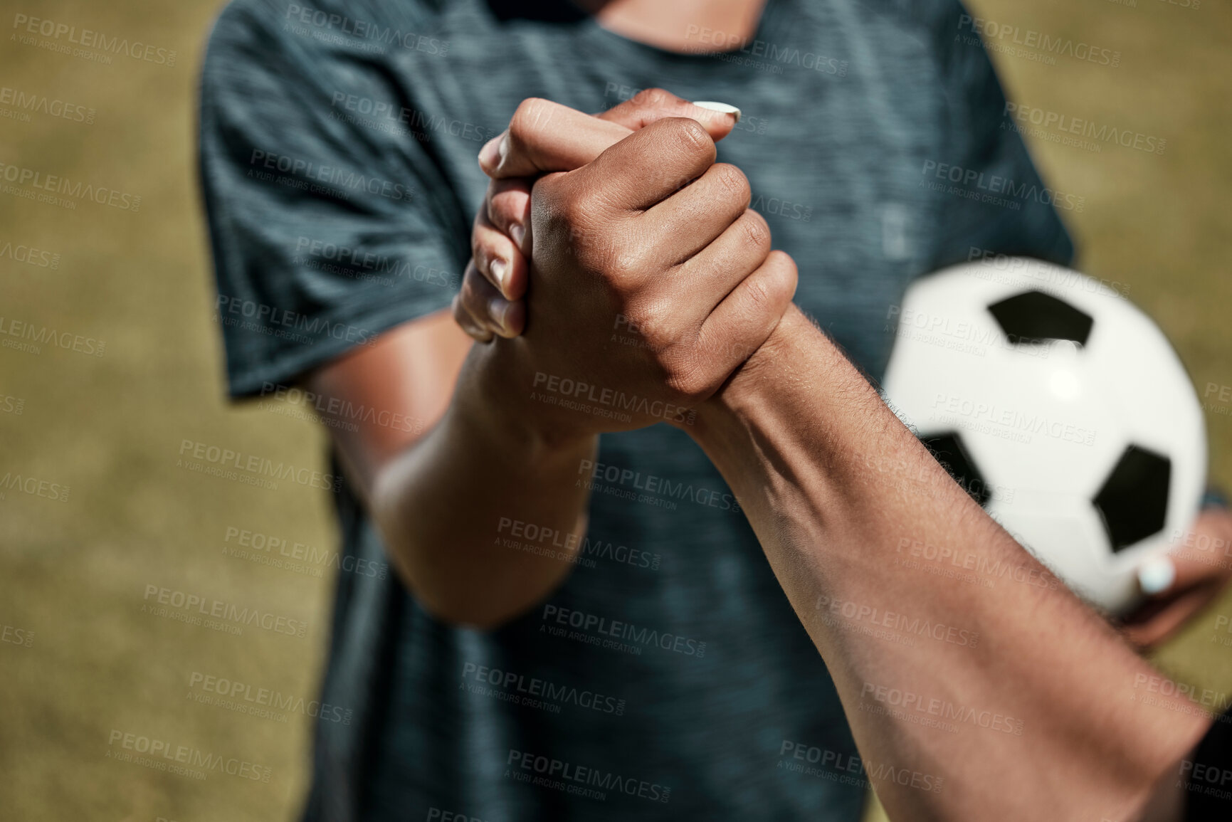 Buy stock photo Soccer, football and team handshake on field before start of match, game or competition. Teamwork, collaboration and soccer players shaking hands before exercise, workout or training on grass field.