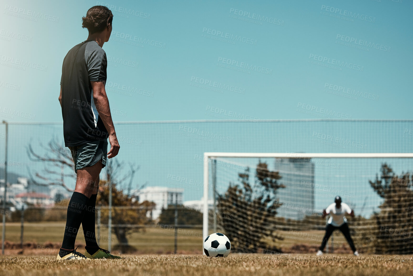 Buy stock photo Training, goal and soccer player with goalkeeper at sports field for target, score and practice. Fitness, exercise and sport game with football athlete thinking of game strategy before ball kick