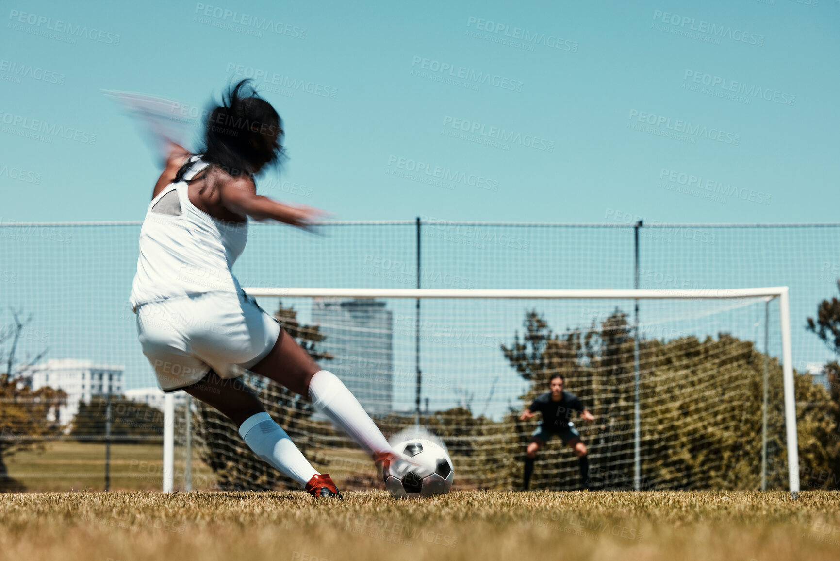 Buy stock photo Woman, score and net for goal in soccer, training and sports on field for fitness, health and exercise. Girl, football and kick, aim and workout on grass for sport in summer, sunshine and game