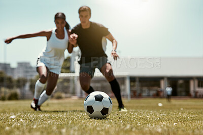 Buy stock photo Friends, soccer player and soccer training game on football field for fitness workout on grass outdoor football pitch for body or cardiovascular health. People, soccer ball and summer run in Brazil