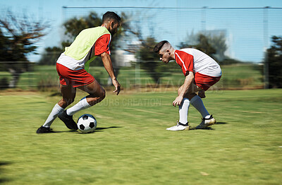 Buy stock photo Soccer, friends and training and workout with men playing on a sports field, competitive training for sports goal. Ball, team and energy with exercise, fitness and practice outdoor football on grass