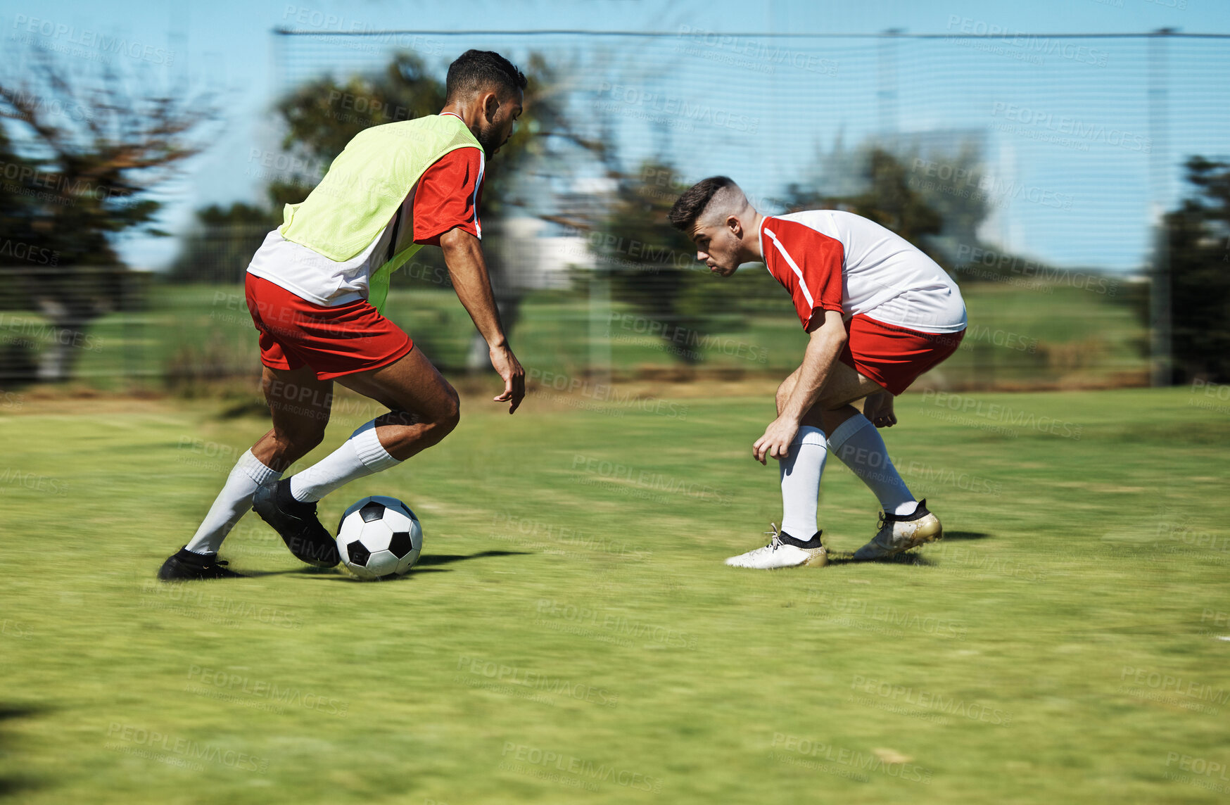 Buy stock photo Soccer, friends and training and workout with men playing on a sports field, competitive training for sports goal. Ball, team and energy with exercise, fitness and practice outdoor football on grass