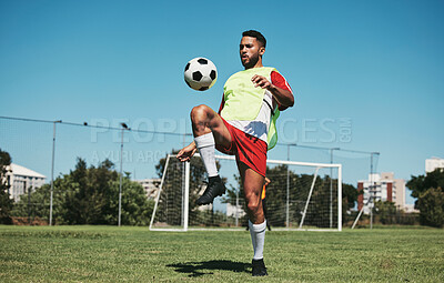 Buy stock photo Soccer, football game and black man player on a sports field with a match ball. Fitness, training exercise and health cardio of an athlete workout exercising with energy and motivation in nature