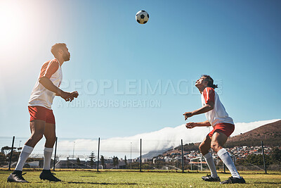 Buy stock photo Man, soccer and team in sports training, exercise and workout for fitness on the field in the outdoors. Athletic male football players in healthy sport practice playing with the ball in South Africa