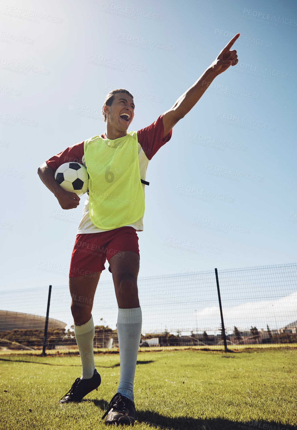 Buy stock photo Soccer, man and celebrate goal, winner and winning on field, with ball and on field. Football, victory or player do sport, exercise or training for fitness, wellness or workout for health on game day