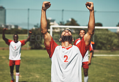 Buy stock photo Soccer, football or team sports for winner, celebration or winning team after scoring goal in match, game or champion. Diverse group of fitness, success and athletic men, man or excited friends