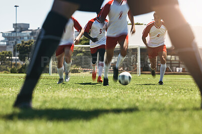 Buy stock photo Soccer, team and running for goal in sports motivation and competitive match or game on the field. Athletic football players in teamwork charging opposing side for victory, score or point outside