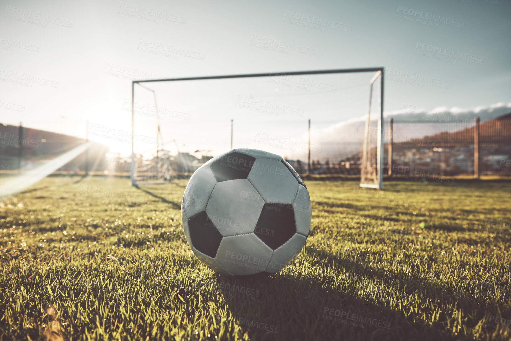 Buy stock photo Soccer ball, goal post and grass on sports field, wellness club or fitness center for exercise, training or Brazilian game. Zoom, texture and football for workout, stadium competition or energy match