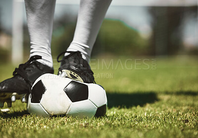 Buy stock photo Soccer player feet, deflated soccer ball and sports, competition game and training on grass field, pitch and lawn. Closeup footballer boots puncture, broken and decrease air problem of flat equipment