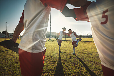 Buy stock photo Sports, soccer and team of friends stretching before a game of football for health, fitness or sports men warm up. Exercise, workout and start training with men group outdoor field for cardio workout
