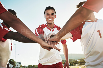 Buy stock photo Men soccer team, huddle and hands in support, collaboration and strategy for goals, winning and training on sports field. Portrait happy football player celebrate group motivation of competition game