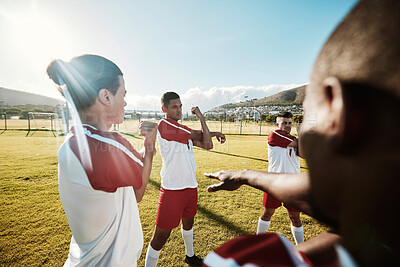Buy stock photo Soccer, team and stretching for fitness, game and wellness on a sport field together outdoor. Football men group with teamwork, support and collaboration during training or workout for sports match