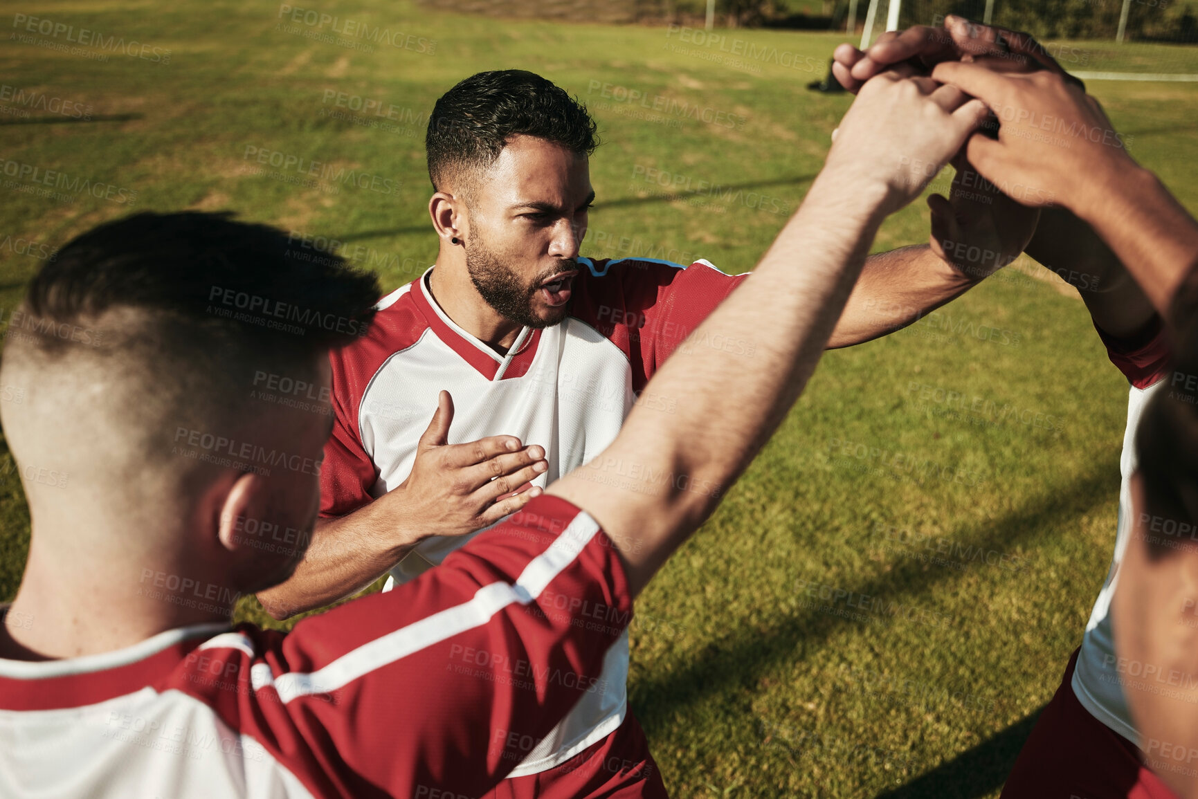 Buy stock photo Team, men and soccer athlete hands to show sport community, support and success. Fitness, football and exercise training proud, motivation and hand sign of friends and players ready for teamwork