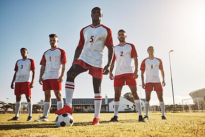 Buy stock photo Men, soccer and team for game on sports field in fitness, exercise and training in the outdoors. Group of confident professional football players standing together ready for a match on a sunny day