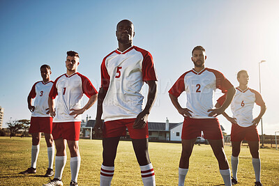 Buy stock photo Football, soccer and portrait of team or group on field together ready for a match, game or competition. Fitness, diversity and men or players on grass field preparing for sports, workout or training