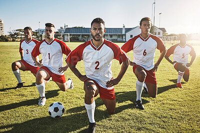 Buy stock photo Sports, soccer field and team doing warm up stretching to prepare for game, competition or fitness workout. Football, focus or exercise training group of people, athlete or player with winner mindset