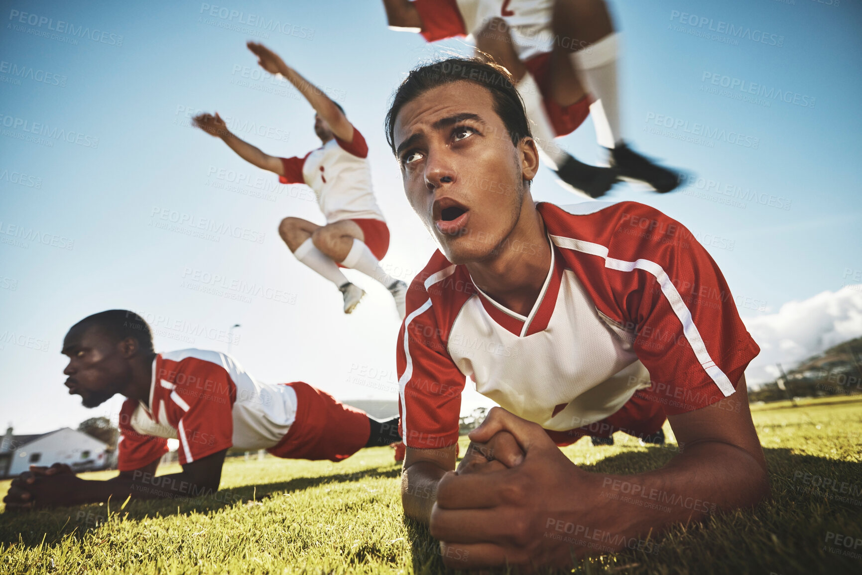 Buy stock photo Fitness, soccer and team workout on field, jumping and plank exercise practice before game. Sports, football and future professional players on grass together, training and motivation for young men.
