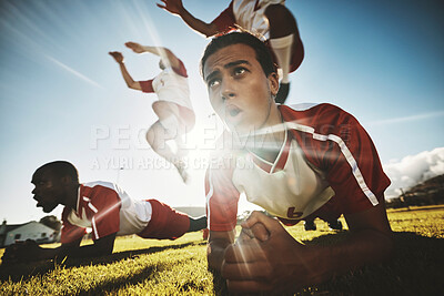 Buy stock photo Sports, soccer player and team exercise in cross plank, jump and training at soccer field. Football, fitness and men on football field pushup, plank and jumping energy, passion and fit performance