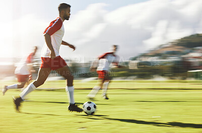 Buy stock photo Soccer, team training and men sports game teamwork competition on field. Healthy football collaboration, running fitness workout and athlete sport lifestyle with runner players and ball on grass