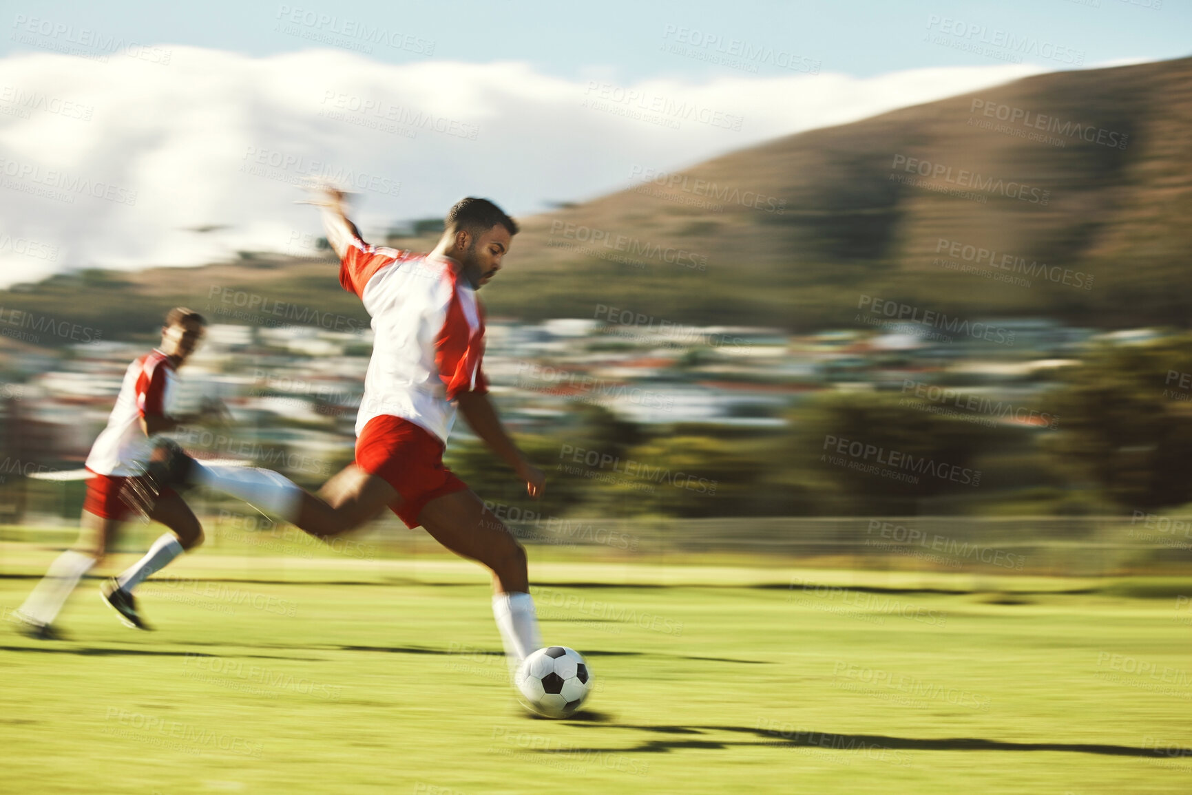 Buy stock photo Energy, fitness and soccer training with soccer playing in power kick with ball on a soccer field for team sports game. Football, man and football player in competitive match, running and exercise 