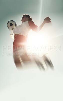 Soccer player, ball chest and jump in blue sky, sunshine or outdoor training for match, football or game. Health, energy and male from India leap, spring or jumping high in air for sports workout.