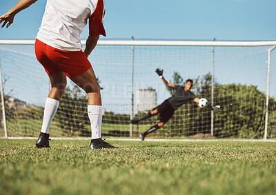 Buy stock photo Sports man, soccer training and goal kick by soccer player on a soccer field with goalkeeper, energy and power. Football player, football and target practice professional athlete in performance game