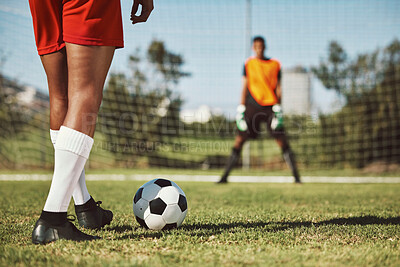 Sports, soccer field and legs of athlete with goalkeeper ready for penalty kick, game or competition for fitness health. Football player, ball or man prepare for outdoor workout, training or exercise