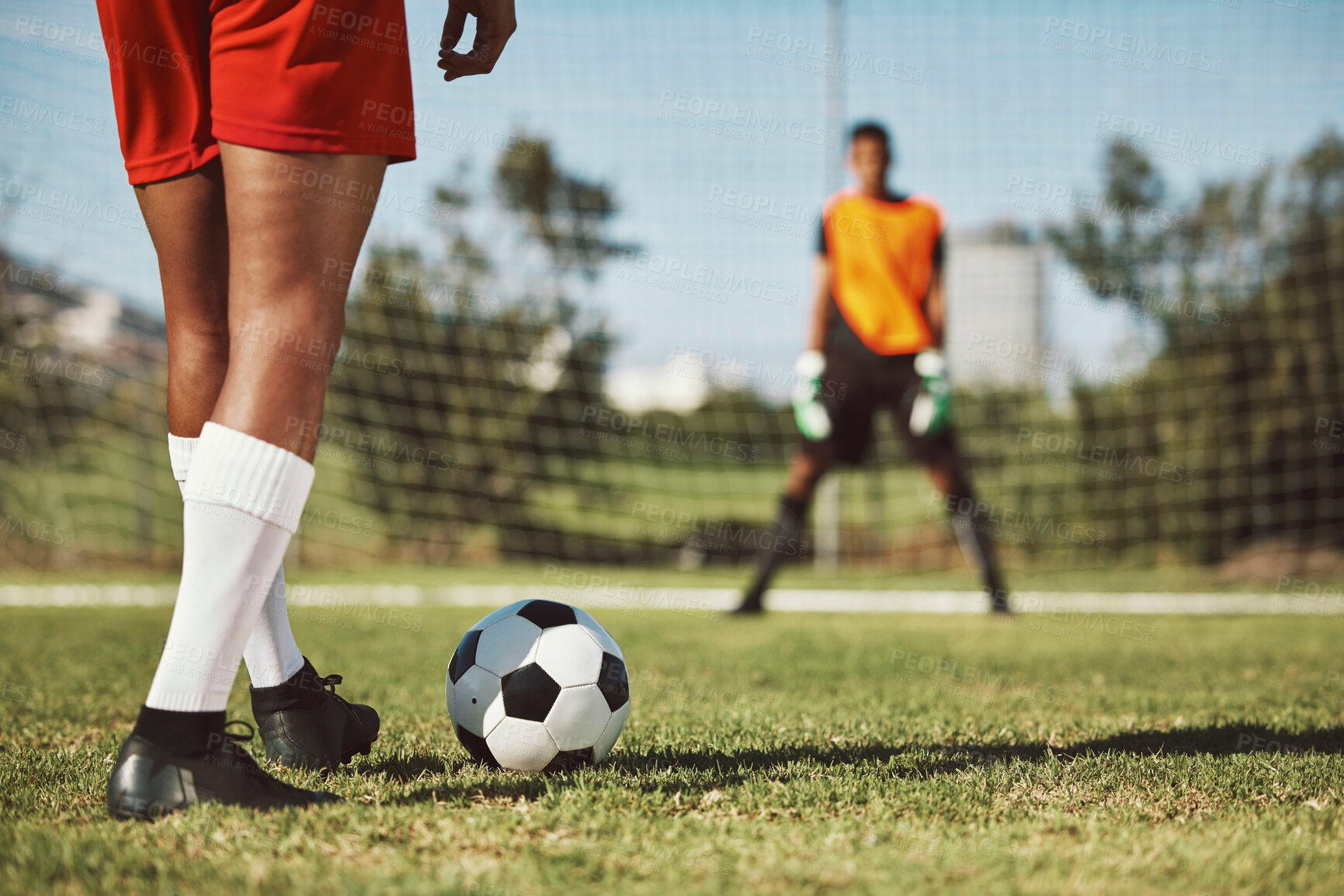 Buy stock photo Sports, soccer field and legs of athlete with goalkeeper ready for penalty kick, game or competition for fitness health. Football player, ball or man prepare for outdoor workout, training or exercise