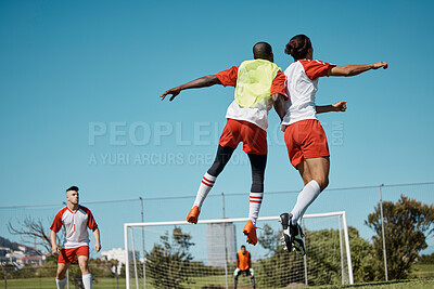 Buy stock photo Soccer players, jumping and soccer field team playing competitive sports with energy, passion and power. Fitness, sport and football players training on a field for speed, endurance and goal practice