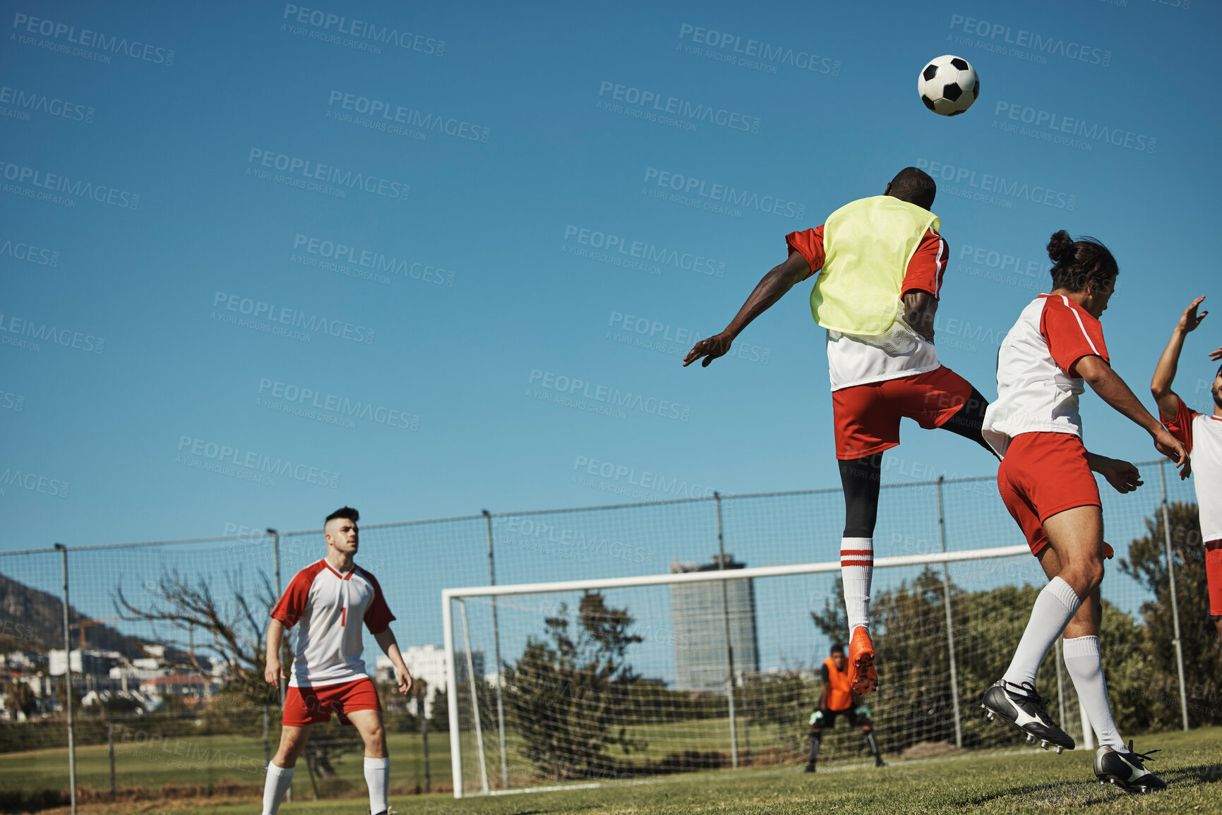 Buy stock photo Soccer, sports and training with a team on a field or grass pitch for a workout or exercise together. Football, fitness and teamwork with a soccer player group playing a game or match outdoor