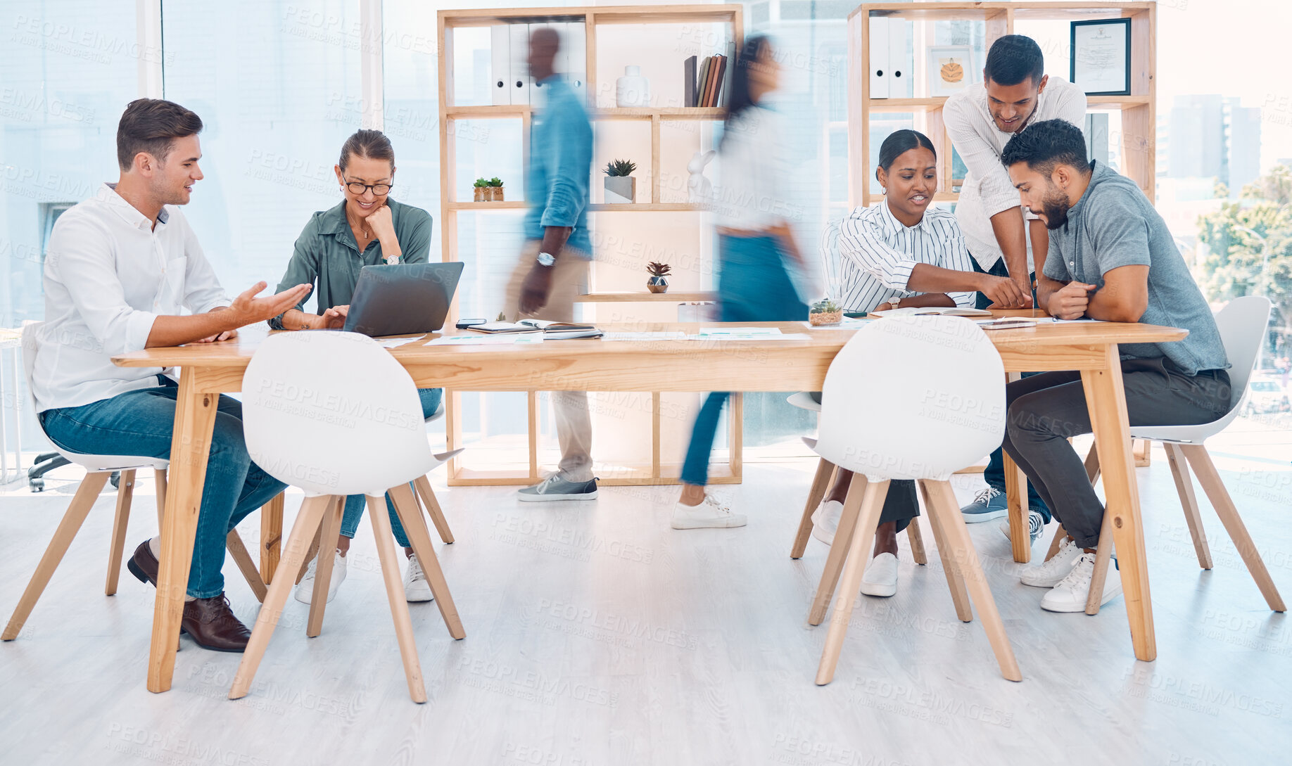 Buy stock photo Busy, office and employees working in collaboration, meeting and talking about corporate work. Fast, professional and coworking business space for marketing team at a startup company with diversity