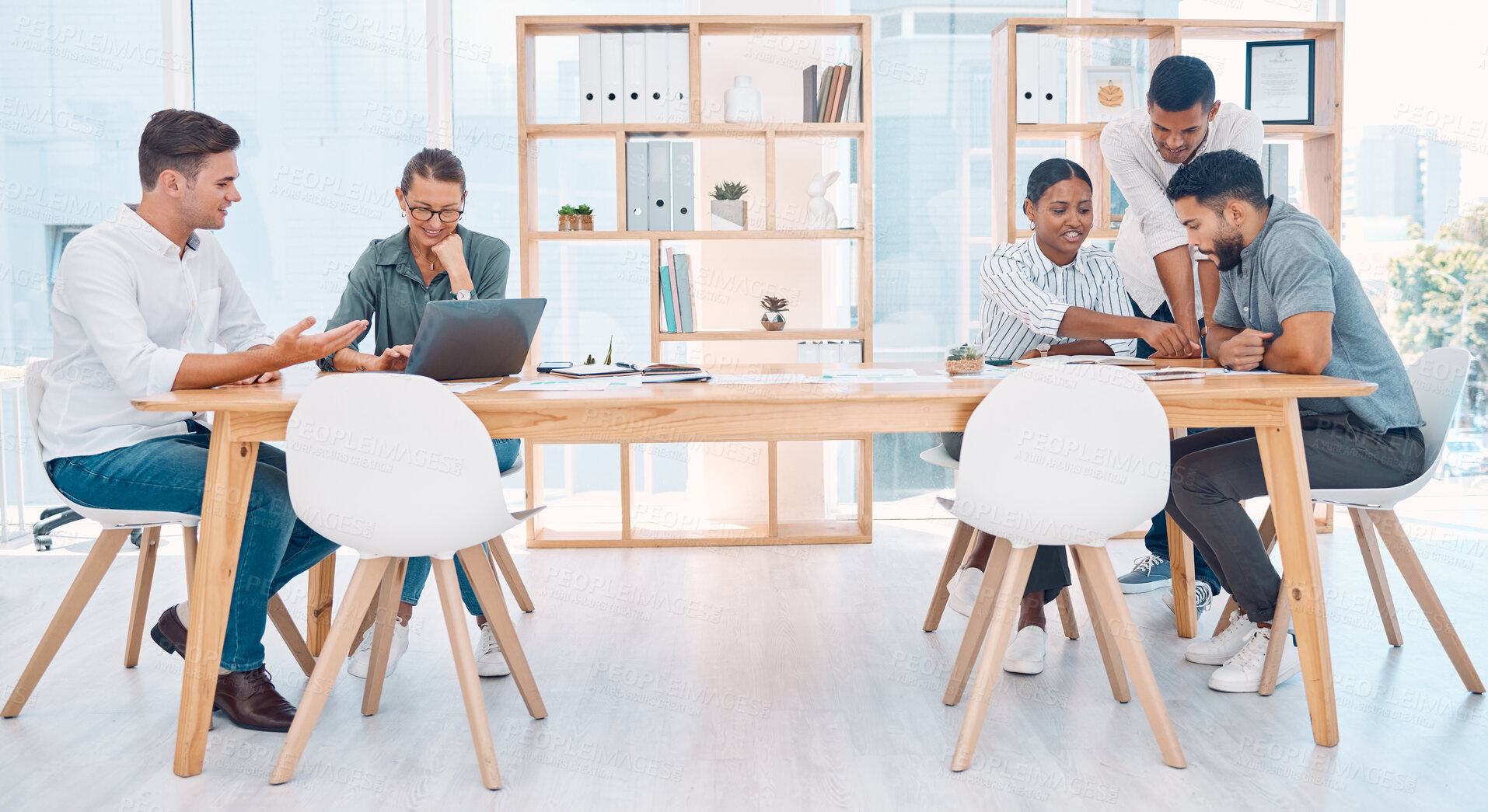 Buy stock photo Meeting, collaboration and planning with a team in the boardroom for training, growth or learning. Strategy, vision and teamwork with a man and woman employee group working on the company mission