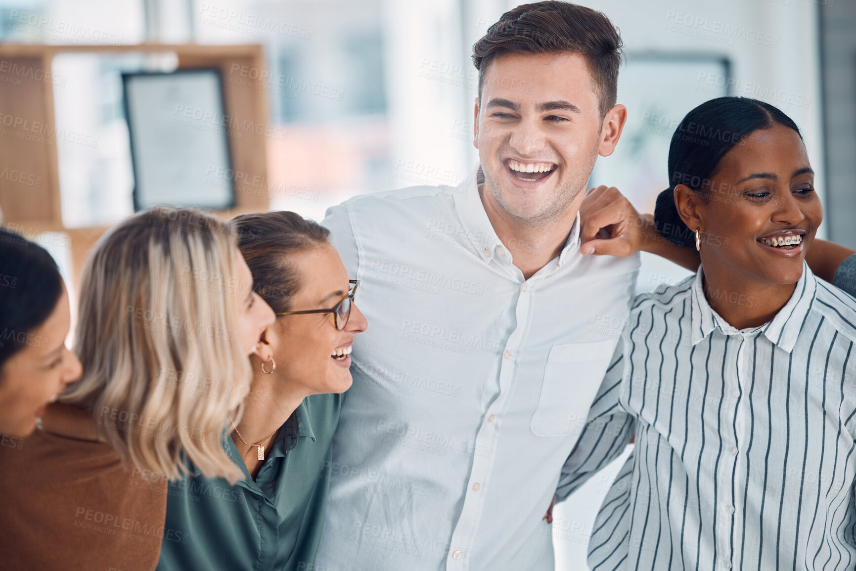 Buy stock photo Business people, laughing or team building diversity in office, company or startup for collaboration success, motivation or global brand growth. Happy, smile or men or creative women in fun work game