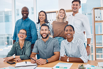 Buy stock photo Collaboration, meeting and friends with a business team in the boardroom together for strategy or planning. Teamwork, our vision and laughing with a man and woman employee group sitting at table