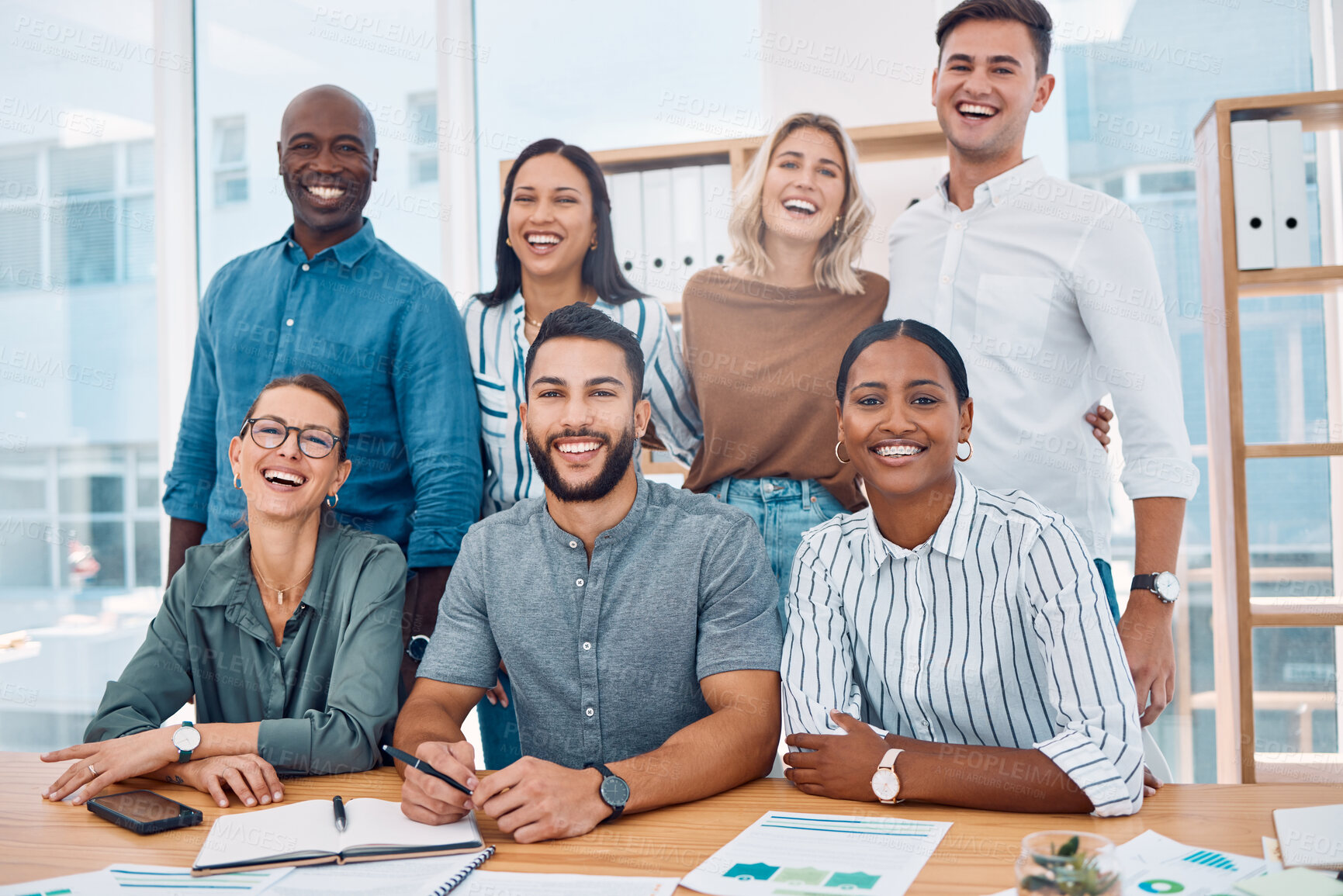 Buy stock photo Collaboration, meeting and friends with a business team in the boardroom together for strategy or planning. Teamwork, our vision and laughing with a man and woman employee group sitting at table