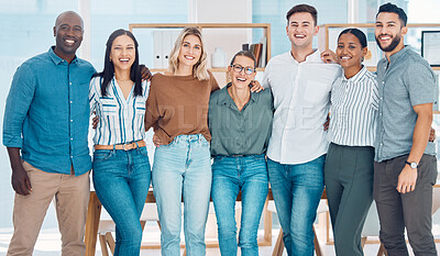 Buy stock photo Diversity, smile and happy teamwork in a startup marketing and advertising office. Collaboration, portrait and motivation team in a creative workplace with support, vision and trust in a workplace