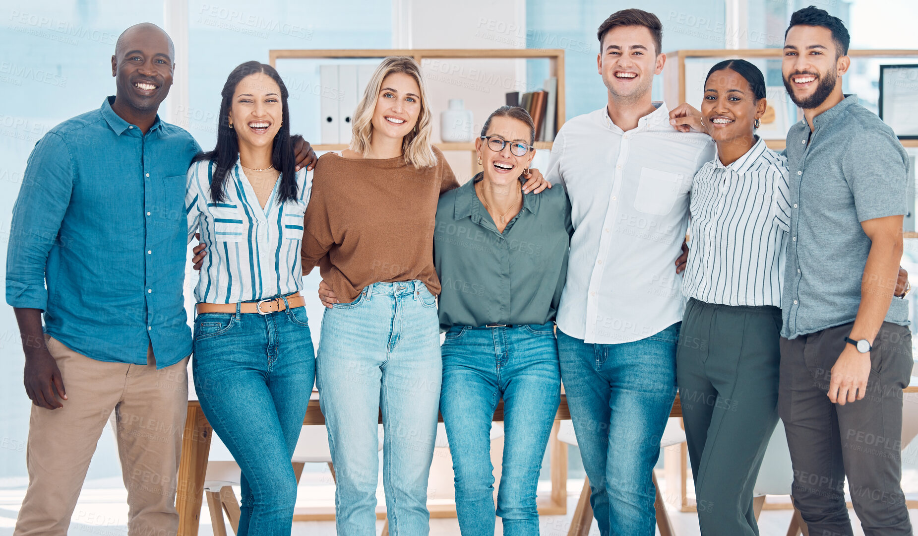 Buy stock photo Diversity, smile and happy teamwork in a startup marketing and advertising office. Collaboration, portrait and motivation team in a creative workplace with support, vision and trust in a workplace