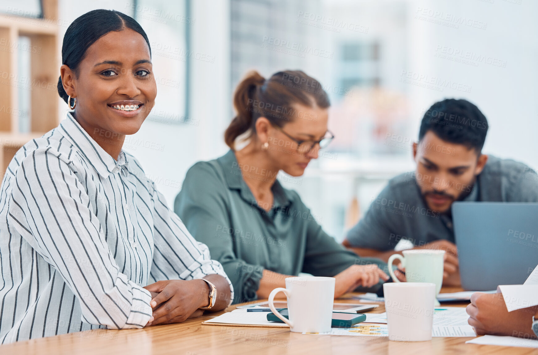 Buy stock photo Meeting, collaboration and training with a black woman in the boardroom with her business team for learning or coaching. Strategy, teamwork and growth with an employee group discussing their mission