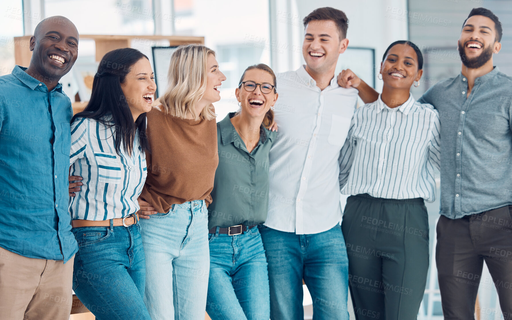 Buy stock photo Teamwork, friends and funny with business people laughing together in their office at work. Collaboration, happy and success with a man and woman employee group joking while working as a team