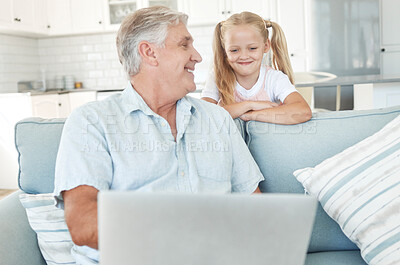 Buy stock photo Laptop, elearning and senior family with child for online education, kids website communication and internet teaching at home on sofa. Grandfather and girl with technology play internet game together