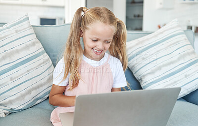 Buy stock photo Child, laptop or education on sofa in house or home living room for distance learning, lockdown class or study. Smile, happy girl or student on homeschool technology for video call classroom support