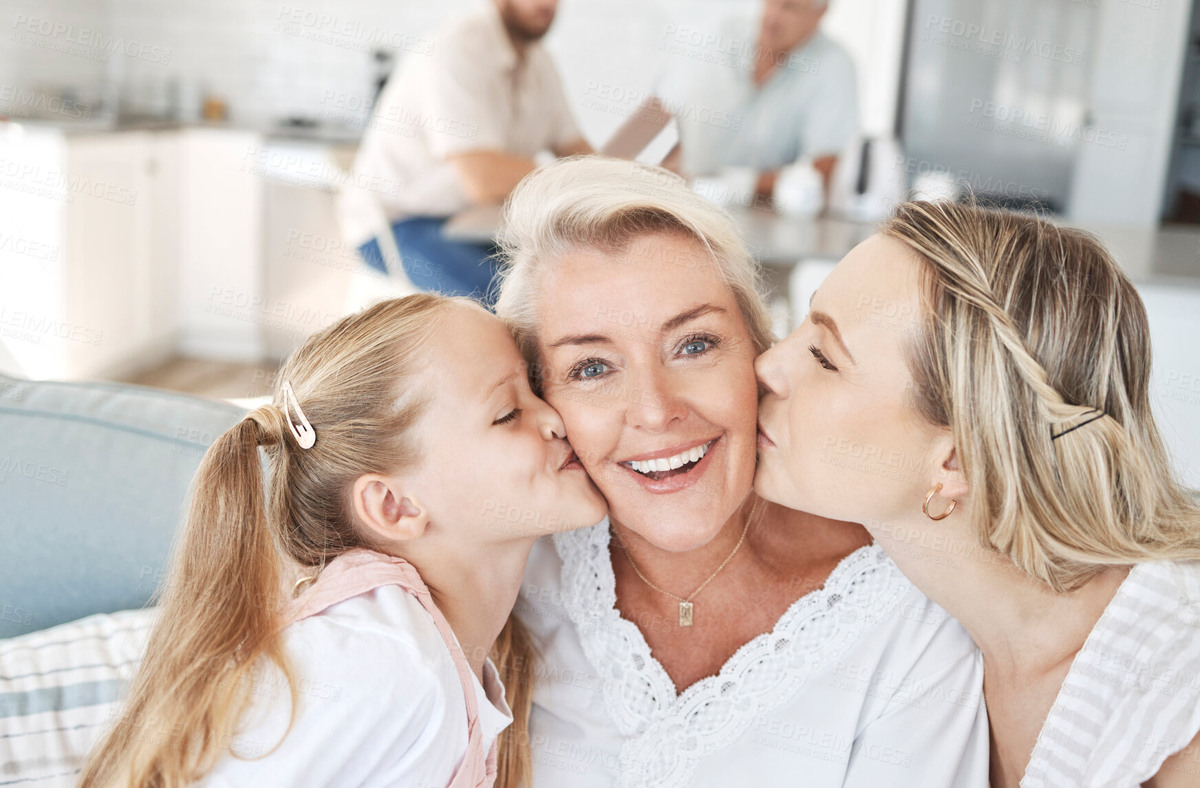 Buy stock photo Grandma, family and child giving a kiss on cheek and senior woman with smile sitting with mother and child on sofa at home. Portrait of happy grandparent bonding with girl and daughter on mothers day