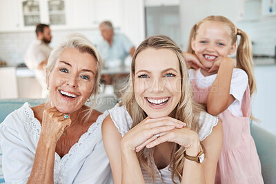 Buy stock photo Family, love and generations with a girl, mother and grandmother sitting on a sofa in a living room of their home. Portrait, trust and happy with a woman, parent and child bonding together in a house