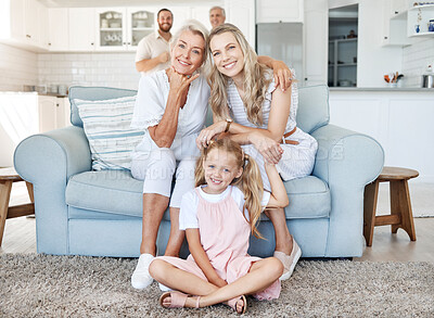 Buy stock photo Love, grandparents and portrait of family on sofa with smile on their face. Grandmother, mom and girl sitting on couch in living room posing for picture. Happy big family bond together with parents