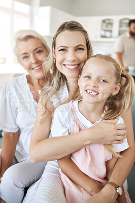 Buy stock photo Happy woman in family, home with grandmother and girl child portrait together on sofa in Dublin. Elderly grandma in lounge with women, mama in living room holding daughter and love on mothers day